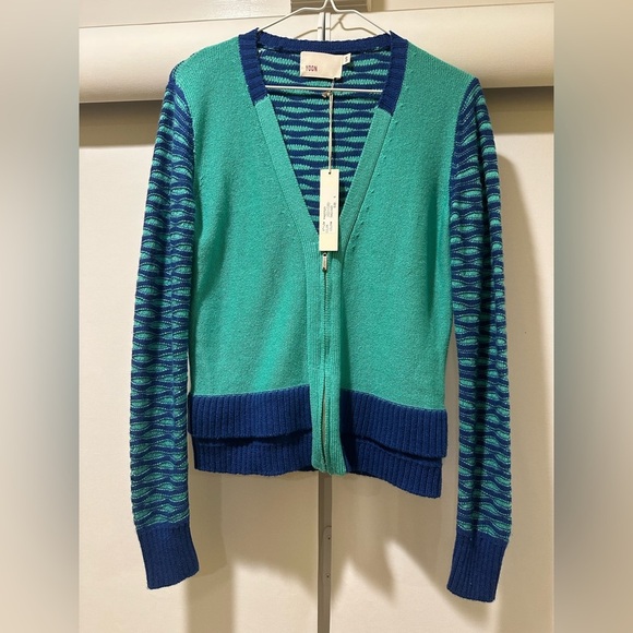NWT YOON Anthropologie Small Lightweight Wool Cashmere Colorblock 1/2 Zip Cardi - Picture 1 of 12